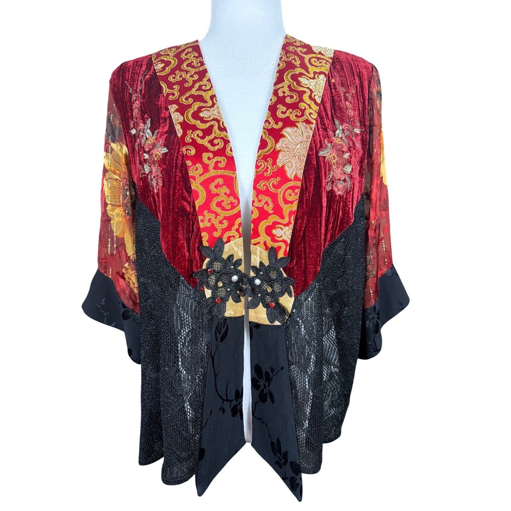 Spencer Alexis Velvet Silk Lace Kimono Jacket Red Black Floral Embroidered L